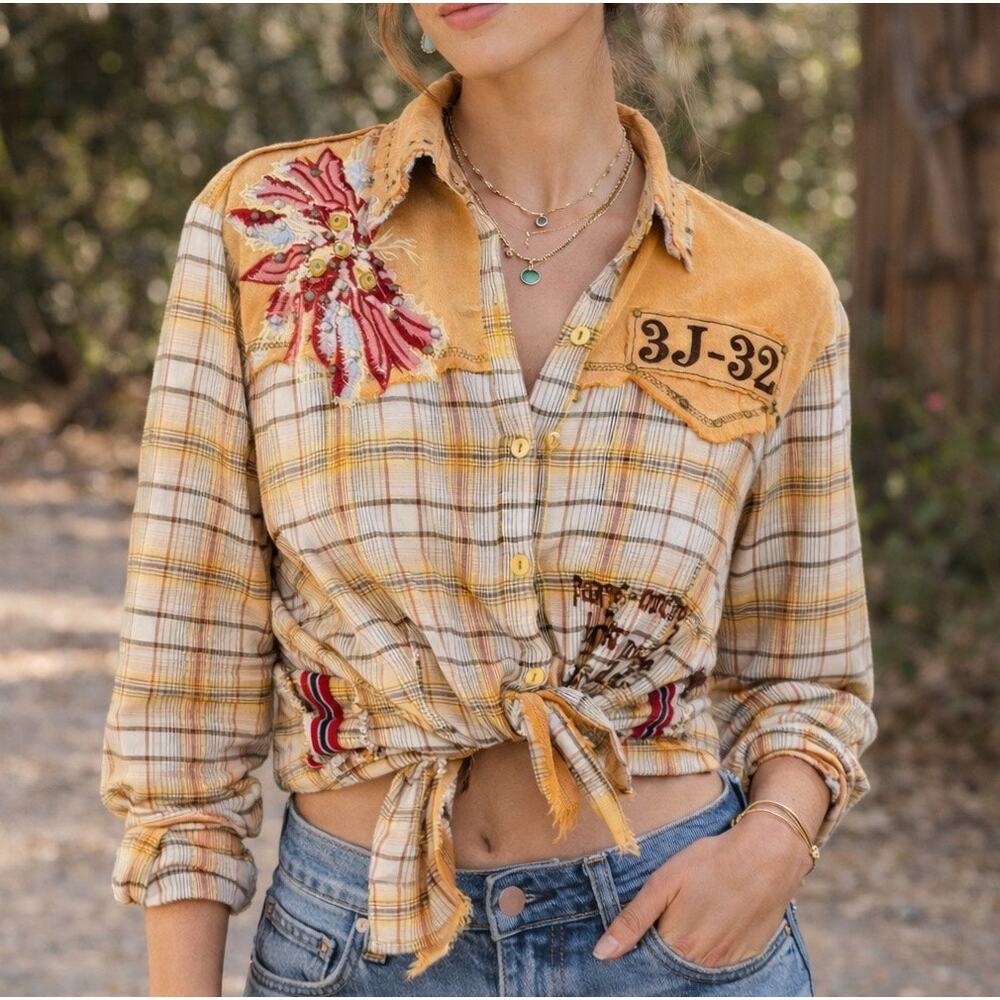 Vintage Y2K Western Embroidered Boho Button Up Shirt S Festival Country Cowgirl